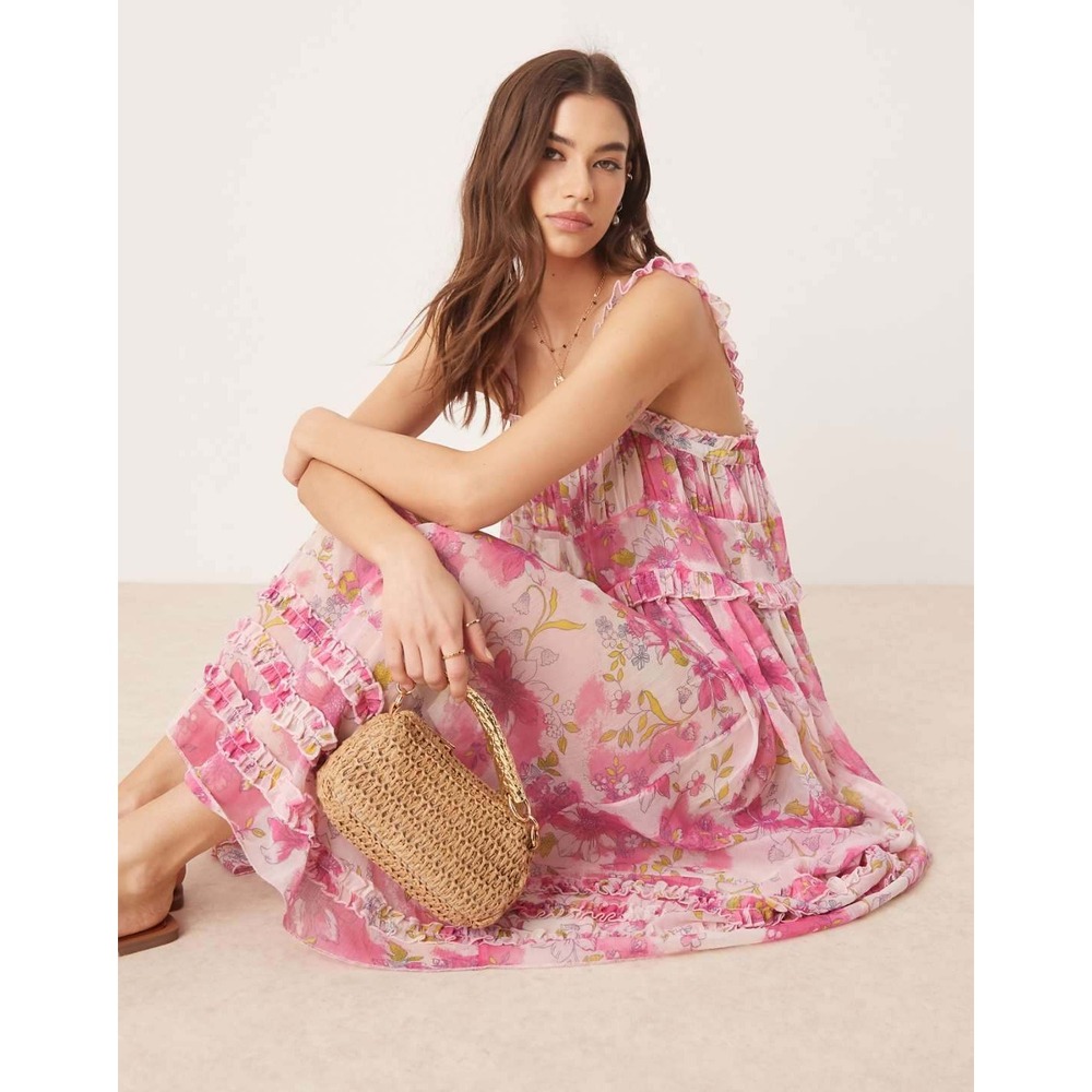 Free People Moon Phase Pink Floral Ruffle Tiered Midi Dress Medium